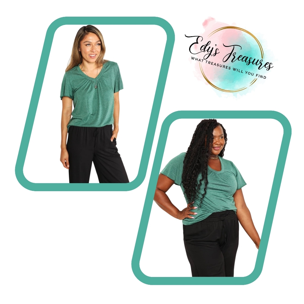 Plus Size Green Ruched V Neck Top Soft Stretch Casual Everyday Blouse NWT 2X